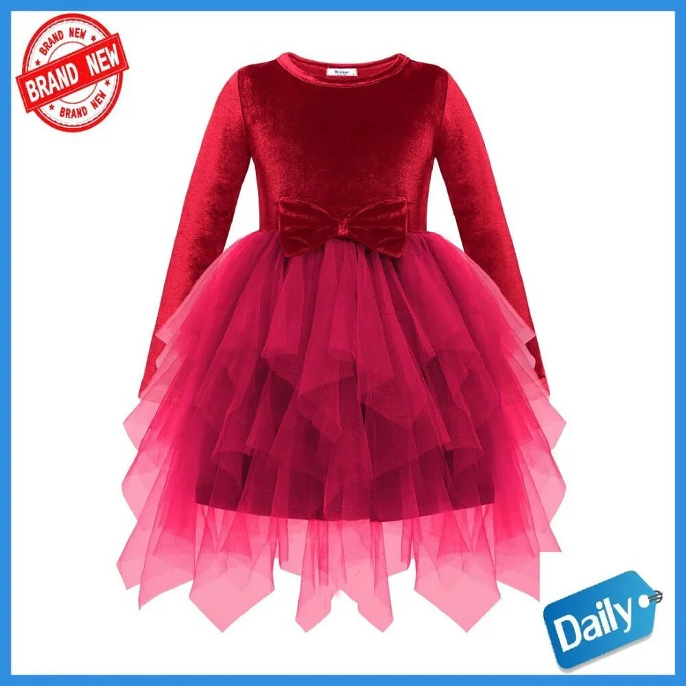 Toddler Velvet Dress Long Sleeve Irregular Hem Tulle Special Occasion